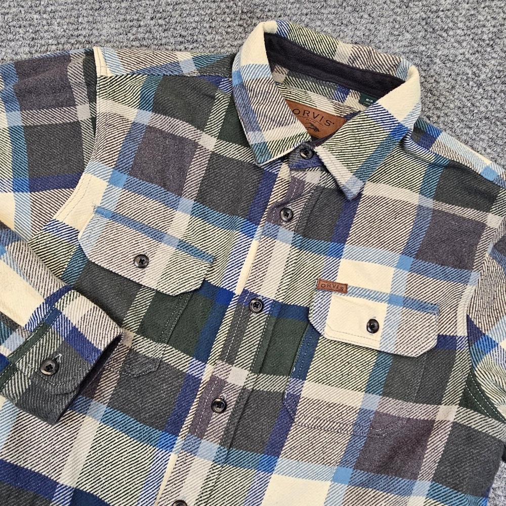 Orvis Classic Collection Mens Plaid Flannel Shirt Blue Green Cream Medium